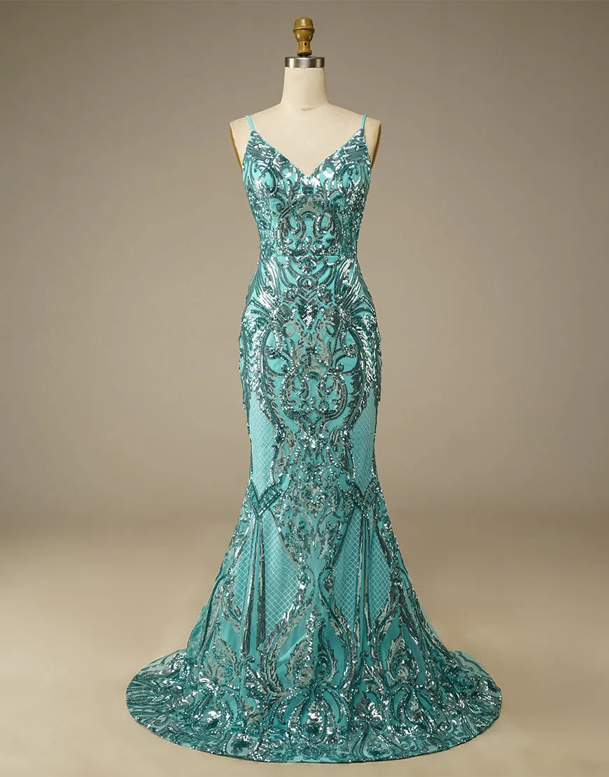 Wholesale Glitter Mermaid Cyan V Neck Prom Dress prom dresses with long sleeves